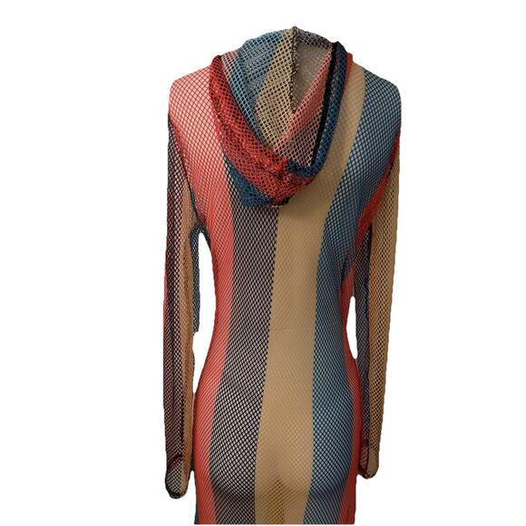Multicolor maxi fishnet swim coverup long sleeve hooded size XXL - Picture 7 of 9